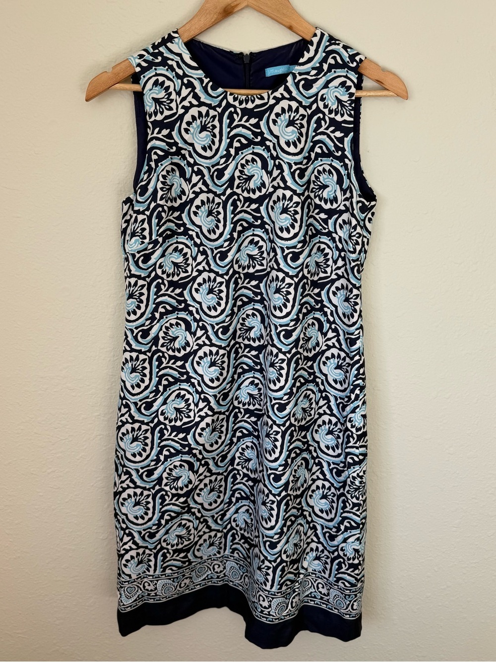 J McLaughlin Midi Shift Dress Blue 100% Silk Paisley Print Preppy Size 4